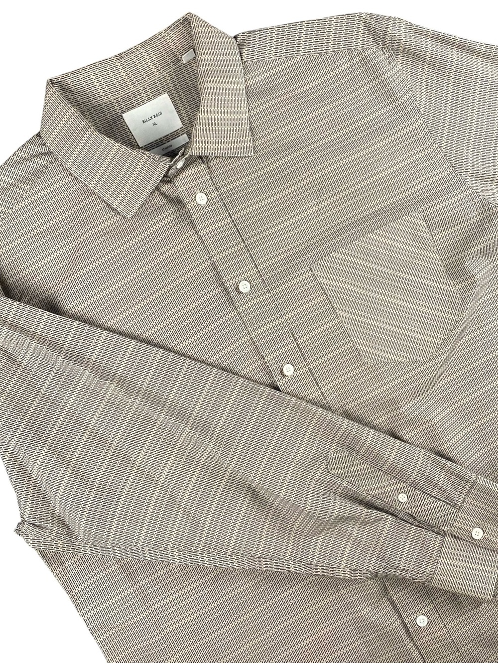 Billy Reid XL Geometric Print Button Up Shirt Tan and Gray Quiet Luxury